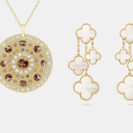 أقراط Magic Alhambra من فان كليف أند آربلز Van Cleef & Arpels وقلادة Talisman Medal من دي بيرز De Beers