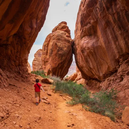 طفل يمشي بين الآثار