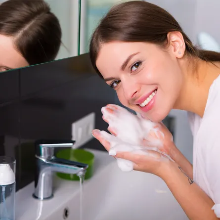 فتاة تغسل بشرتها بغسول طبيعي