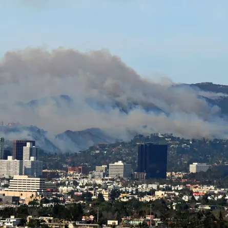 حريق باليساديس يشتعل كما يظهر من منظر بالدوين هيلز في لوس أنجلوس (The Palisades fire burns as seen from Baldwin Hills Scenic Overlook in Los Angeles). مصدر الصورة: Agustin PAULLIER / AFP