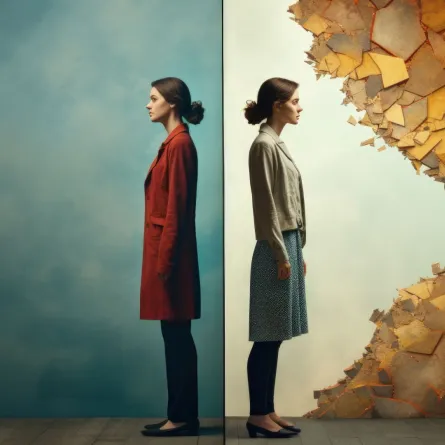    فتاة تقف في ظهر نفسها تقارن بين نفسها والآخرين يفصلها حائط النفس عنهم   