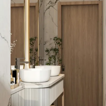 حمام يتبع طراز الحد الأدنى، ويتميز بالبساطة والفخامة 