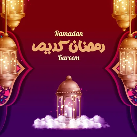 بوستر شهر رمضان متضمنا رموز الشهر الكريم من فانوس وهلال وغيرها 