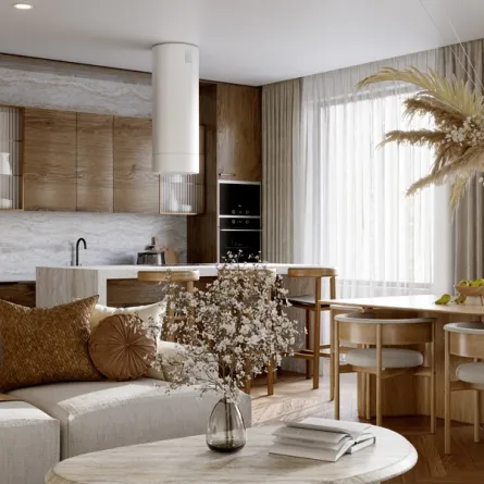 تصميم داخلي لغرفة معيشة مفتوحة مع مطبخ خشبي حديث