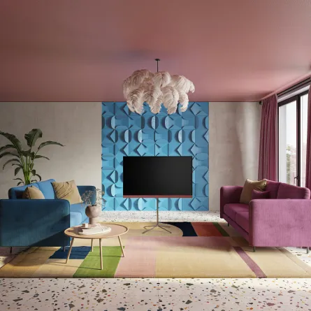 غرفة معيشة مودرن جذابة بألوانها وخاصة طلاء السقف