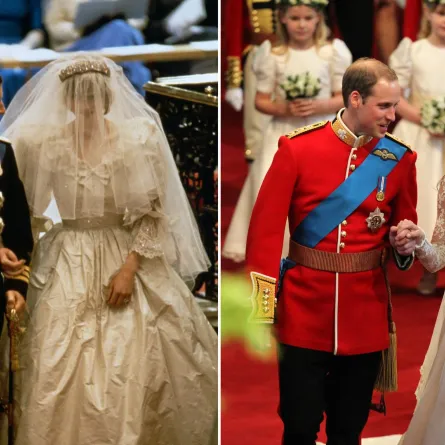 صورة مركبة لحفل زفاف الأمير تشارلز على الليدي ديانا سبنسر وحفل زفاف الأمير ويليام على كاثرين ميدلتون في لندن، إنجلترا (composite image to the weddings of Prince Charles to Lady Diana Spencer and Prince William to Catherine Middleton in London, England). مصدر الصورة: David Jones- WPA Pool/Getty Images