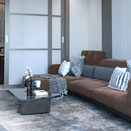 غرفة معيشة مؤثثة بأريكة وطاولة قهوة