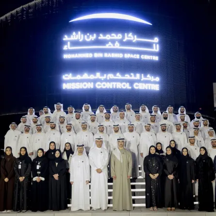 القمر الصناعي محمد بن زايد سات بمعرض اصنع في الإمارات - صورة أرشيفية من مركز محمد بن راشد للفضاء لحظة تدشين القمر يناير الماضي