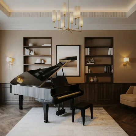 غرفة معيشة مع آلة بيانو