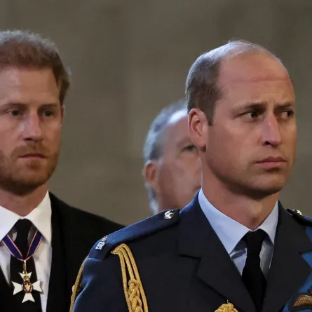الأمير هاري والأمير ويليام لحظة وصول نعش الملكة إليزابيث الثانية إلى قصر وستمنستر ( Prince Harry and Prince William as Queen Elizabeth II's coffin arrives at Westminster Palace ). مصدر الصورة: ALKIS KONSTANTINIDIS / POOL / AFP