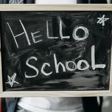 عبارة مرحبًا بالمدرسة مكتوبة على لوح تعليمي أسود بالطبشور