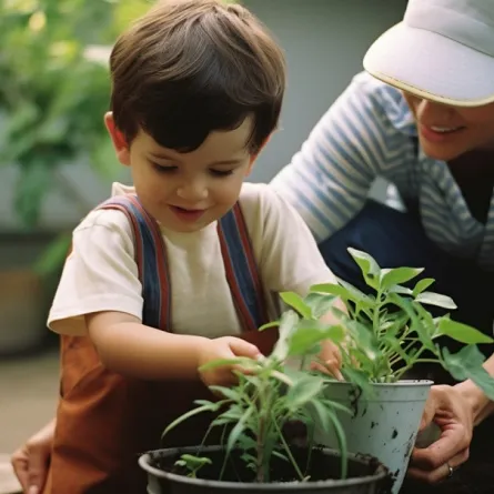 صورة لأم تعلم طفلها الزرع