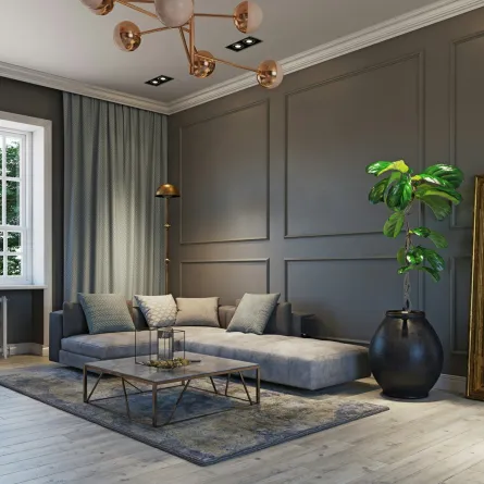 غرفة معيشة مودرن مزودة بمرآة