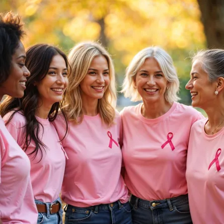 مجموعة من النساء يدعمن المصابات بسرطان من خلال ارتداء الشريط الوردي أيقونة سرطان الثدي