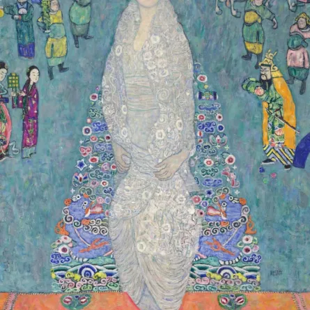  تُصوِّر اللوحة لجوستاف كليمت ابنة الراعي مرتدية ثوباً إمبراطورياً صينياً أبيض