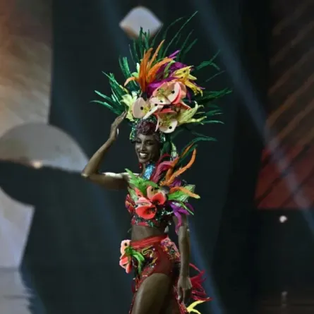 ملكة جمال جامايكا غابرييل هنري خلال عرض الزي الوطني لملكة جمال الكون لعام 2025 (‏Miss Jamaica Gabrielle ‎Henry during the 2025 Miss Universe national costume presentation‎‏)- مصدر الصورة: ‏Photo by ‎Lillian SUWANRUMPHA / AFP