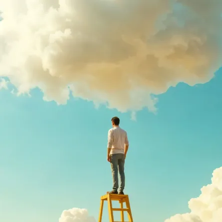 شاب ينظر للسماء مرتقياً سلم أحلامه- تعبيرية