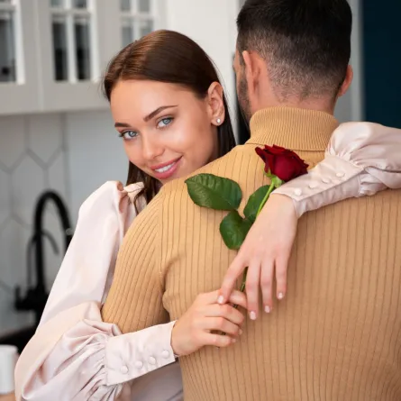 زوجة تحتضن زوجها وهي تمسك زهرة وتبتسم بدلال