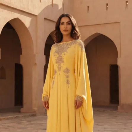 قفطان أصفر من مجموعة سِحر للمصممين خالد ومروان - الصورة من العلامة