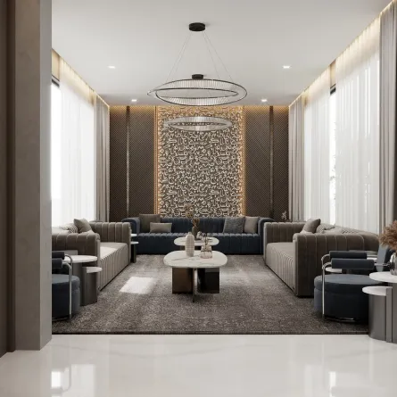 مجلس مزين بجدارية منفذة بالخط العربي