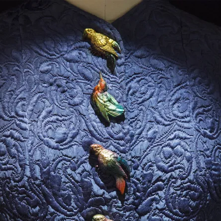 أزرار على شكل عصافير تزيّن تصميماً من توقيع Elsa Schiaparelli من حوالي عام 1930، في معرض Déboutonner la Mode، الذي نّظم في متحف الفنون الزخرفية، باريس، عام 2015