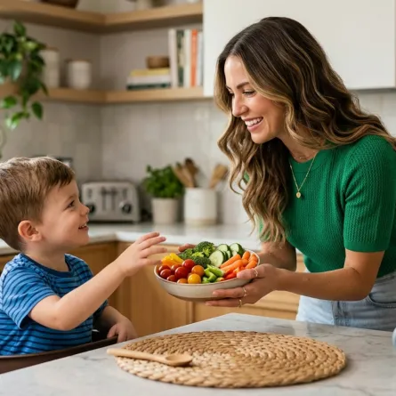 صورة أم تقدم الأغذية السليمة لابنها