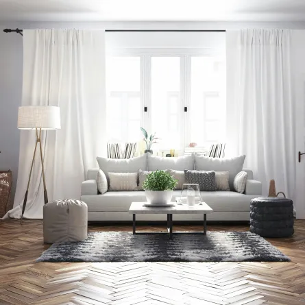 غرفة معيشة جميلة مع ستارة كثيفة تتدلى حتى الأرضية