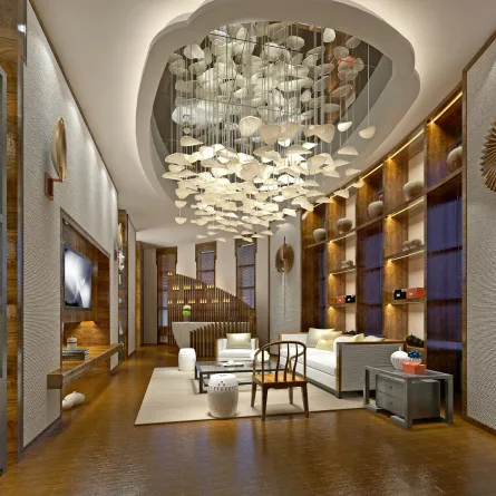  سقف دائري مع ثريا فنية ضخمة في الصالة المنزلية