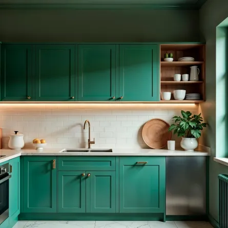 مطبخ مع خزائن خضراء زمردية لكن موضتها سريعة الزوال
