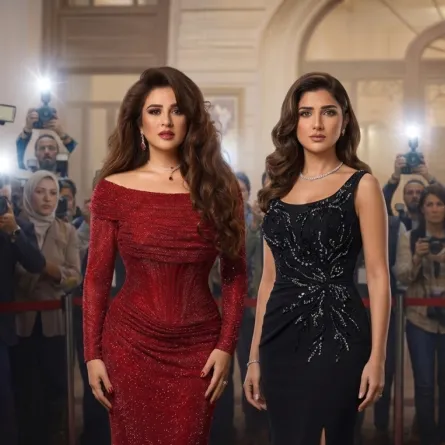 ياسمين عبد العزيز ومي عمر - الصورة معاد تصميمها بالذكاء الاصطناعي