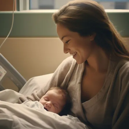 صورة لأم تحمل مولودها بعد الولادة في المستشفى