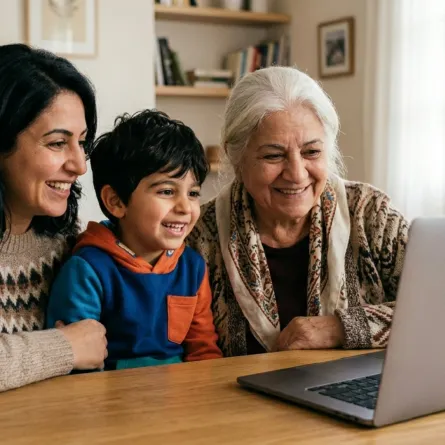 صورة عائلة أمام الكمبيوتر