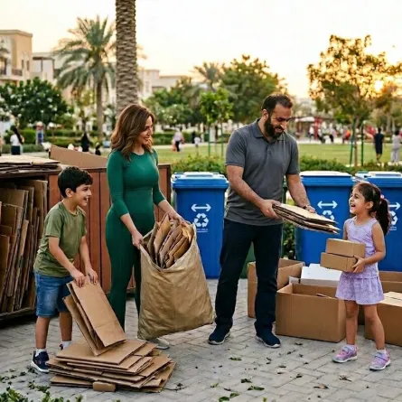 صورة عائلة تجمع علب الكرتون