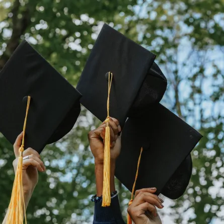 مجموعة من الخريجين يرفعون قبعة التخرج لاعلى 