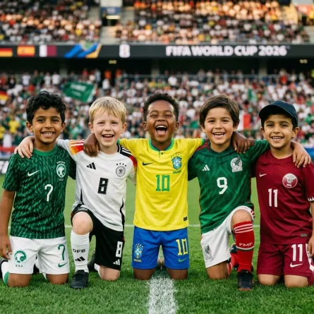 صورة 5 أطفال من 4 فرق غي كأس العالم "صورة تعبيرية - أُنشئت بالذكاء الاصطناعي"