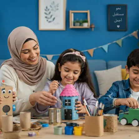 صورة تعبر عن أطفال مع أمهم ويقومون بإعادة تدوير العلب القديمة