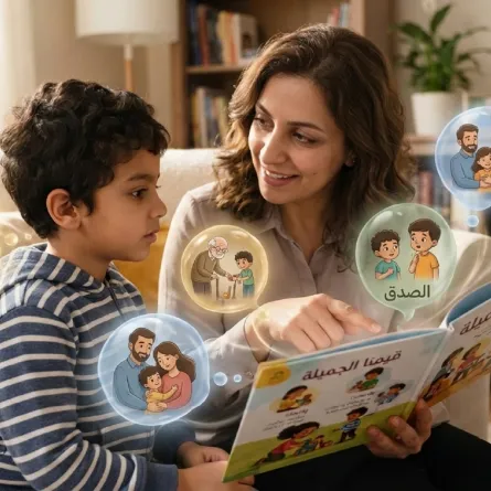 صورة لطفل مع أمه يتحدث عن القيم الأخلاقية