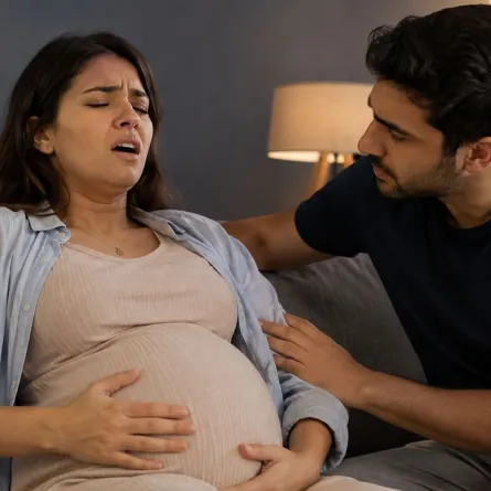 صورة لحامل تعاني من آلام الولادة الحقيقية