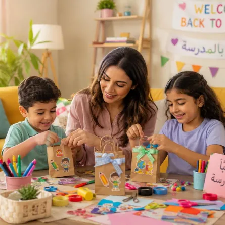 صورة لأم تعِد هدايا منزلية مع أطفالها