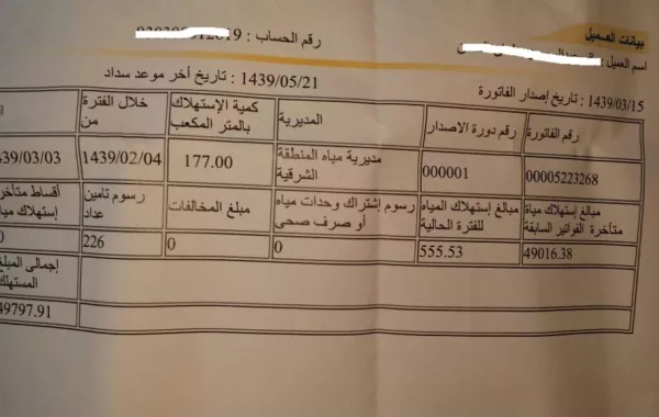 فاتورة استهلاك للمياه لمواطن بربع مليون ريال