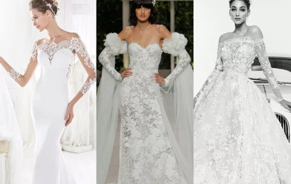 موديلات فساتين زفاف Off Shoulder بأكمام طويلة 2019