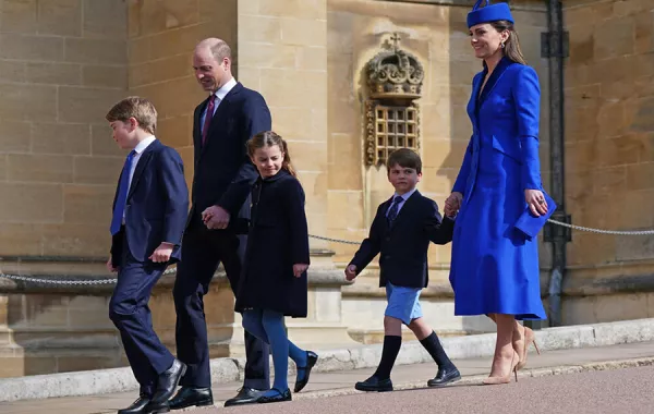 ritain's Prince William, Prince of Wales (2L), Britain's Prince George of Wales (L), Britain's Catherine, Princess of Wales (R), Britain's Princess Charlotte of Wales (C) and Britain's Prince Louis of Wales arrive for the Easter Mattins Service at St. George's Chapel, Windsor Castle on April 9, 2023. Yui Mok / POOL / AFP