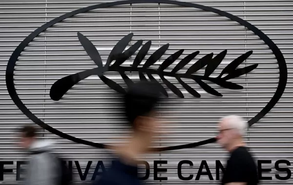 Cannes film festival logo in Cannes, southeastern France, on May 17, 2023. (Photo by LOIC VENANCE / AFP)