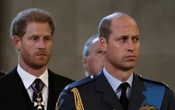 الأمير هاري والأمير ويليام لحظة وصول نعش الملكة إليزابيث الثانية إلى قصر وستمنستر ( Prince Harry and Prince William as Queen Elizabeth II's coffin arrives at Westminster Palace ). مصدر الصورة: ALKIS KONSTANTINIDIS / POOL / AFP