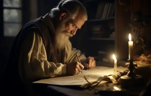 أحد العظماء من القدماء يدون احد ابتكاراته الهامة