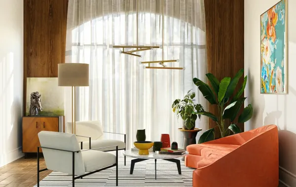 غرفة معيشة مودرن تتضمن أريكة هلالية الشكل