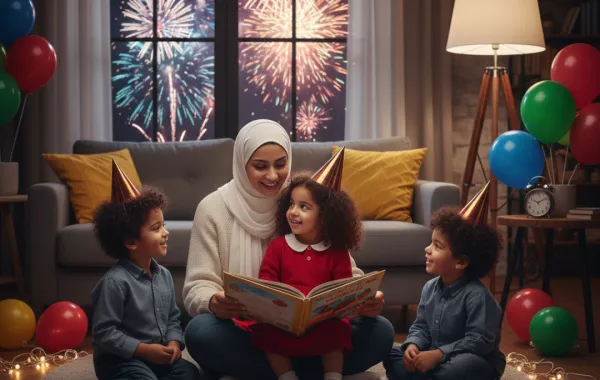 صورة أم تقرأ القصص - تم توليدها بواسطة الذكاء الاصطناعي 