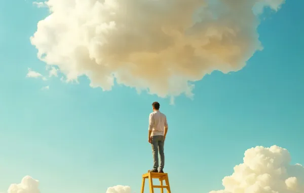 شاب ينظر للسماء مرتقياً سلم أحلامه- تعبيرية