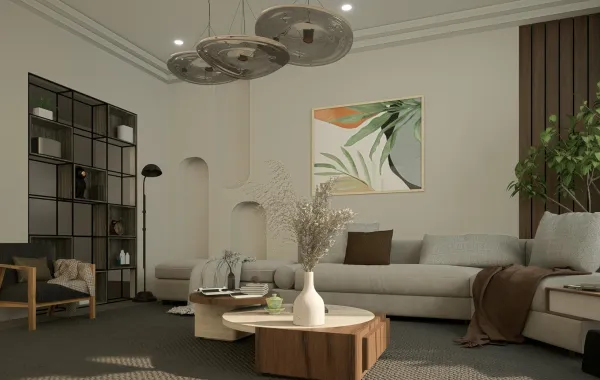 غرفة معيشة عصرية مع طاولة قهوة في الوسط