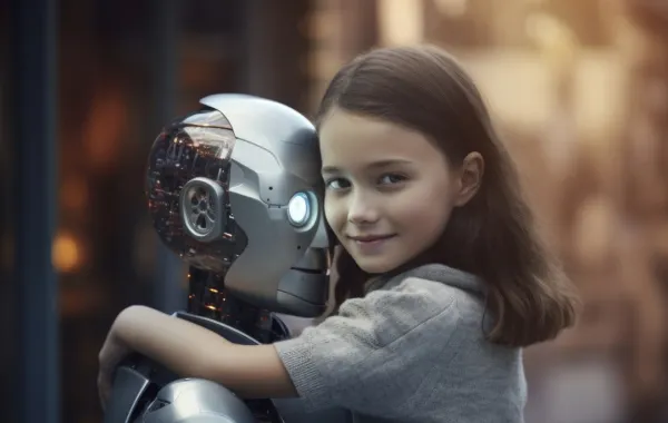 صورة لطفلة تحتضن الروبوت